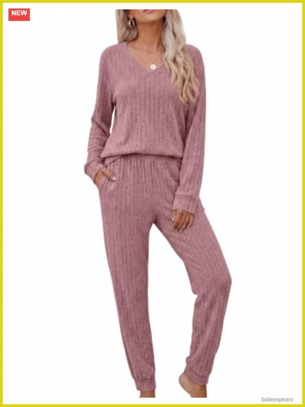 Women's Ribbed Knit Fleece Long Sleeve Lounge Set V-Neck Jogger Pajamas